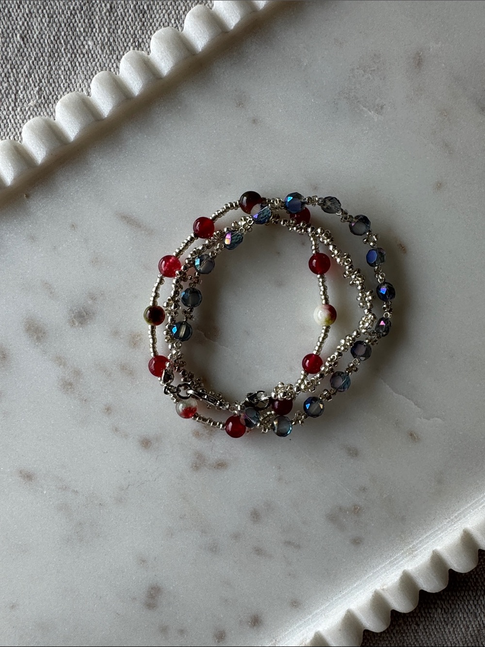 Set of 3 Silver & Red Beaded Women's Bracelet Set